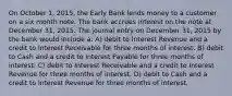 On October 1, 2015, the Early Bank lends money to a customer on a six month note. The bank accrues interest on the note at December 31, 2015. The journal entry on December 31, 2015 by the bank would include a: A) debit to Interest Revenue and a credit to Interest Receivable for three months of interest. B) debit to Cash and a credit to Interest Payable for three months of interest. C) debit to Interest Receivable and a credit to Interest Revenue for three months of interest. D) debit to Cash and a credit to Interest Revenue for three months of interest.