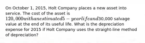 On October 1, 2015, Holt Company places a new asset into service. The cost of the asset is 120,000 with an estimated 5-year life and30,000 salvage value at the end of its useful life. What is the depreciation expense for 2015 if Holt Company uses the straight-line method of depreciation?