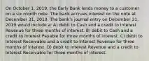 On October 1, 2019, the Early Bank lends money to a customer on a six month note. The bank accrues interest on the note at December 31, 2019. The bank's journal entry on December 31, 2019 would include a: A) debit to Cash and a credit to Interest Revenue for three months of interest. B) debit to Cash and a credit to Interest Payable for three months of interest. C) debit to Interest Receivable and a credit to Interest Revenue for three months of interest. D) debit to Interest Revenue and a credit to Interest Receivable for three months of interest.