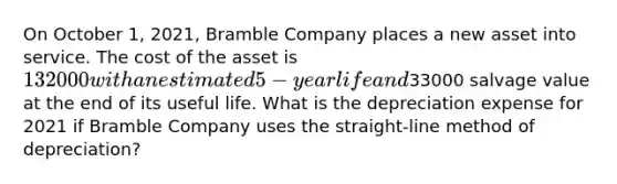 On October 1, 2021, Bramble Company places a new asset into service. The cost of the asset is 132000 with an estimated 5-year life and33000 salvage value at the end of its useful life. What is the depreciation expense for 2021 if Bramble Company uses the straight-line method of depreciation?