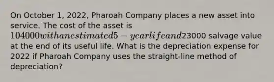 On October 1, 2022, Pharoah Company places a new asset into service. The cost of the asset is 104000 with an estimated 5-year life and23000 salvage value at the end of its useful life. What is the depreciation expense for 2022 if Pharoah Company uses the straight-line method of depreciation?