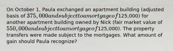 On October 1, Paula exchanged an apartment building (adjusted basis of 375,000 and subject to a mortgage of125,000) for another apartment building owned by Nick (fair market value of 550,000 and subject to a mortgage of125,000). The property transfers were made subject to the mortgages. What amount of gain should Paula recognize?