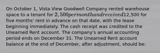 On October 1, Vista View Goodwell Company rented warehouse space to a tenant for 2,500 per month and received12,500 for five months' rent in advance on that date, with the lease beginning immediately. The cash receipt was credited to the Unearned Rent account. The company's annual accounting period ends on December 31. The Unearned Rent account balance at the end of December, after adjustment, should be: