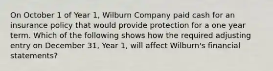 On October 1 of Year 1, Wilburn Company paid cash for an insurance policy that would provide protection for a one year term. Which of the following shows how the required adjusting entry on December 31, Year 1, will affect Wilburn's financial statements?