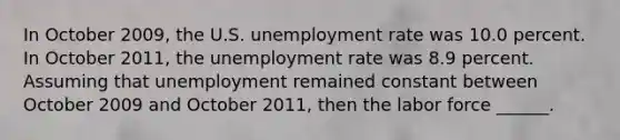 In October 2009​, the U.S. unemployment rate was 10.0 percent. In October 2011​, the unemployment rate was 8.9 percent. Assuming that unemployment remained constant between October 2009 and October 2011​, then the labor force​ ______.