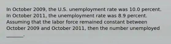 In October 2009​, the U.S. unemployment rate was 10.0 percent. In October 2011​, the unemployment rate was 8.9 percent. Assuming that the labor force remained constant between October 2009 and October 2011​, then the number unemployed​ _______.