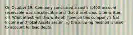 On October 29. Company concluded a cost's 4,400 account receivable was uncollectible and that a acet should be written off. What affect will this write off have on this company's Net Income and Total Assets assuming the allowing method is used to account for bad debts.