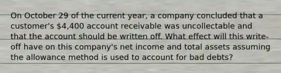 On October 29 of the current year, a company concluded that a customer's 4,400 account receivable was uncollectable and that the account should be written off. What effect will this write-off have on this company's net income and total assets assuming the allowance method is used to account for bad debts?