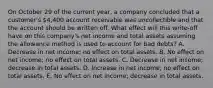 On October 29 of the current year, a company concluded that a customer's 4,400 account receivable was uncollectible and that the account should be written off. What effect will this write-off have on this company's net income and total assets assuming the allowance method is used to account for bad debts? A. Decrease in net income; no effect on total assets. B. No effect on net income; no effect on total assets. C. Decrease in net income; decrease in total assets. D. Increase in net income; no effect on total assets. E. No effect on net income; decrease in total assets.