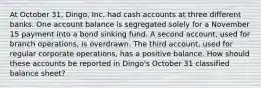 At October 31, Dingo, Inc. had cash accounts at three different banks. One account balance is segregated solely for a November 15 payment into a bond sinking fund. A second account, used for branch operations, is overdrawn. The third account, used for regular corporate operations, has a positive balance. How should these accounts be reported in Dingo's October 31 classified balance sheet?