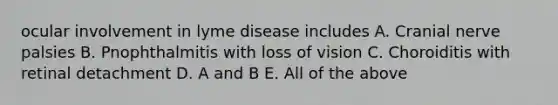 ocular involvement in lyme disease includes A. Cranial nerve palsies B. Pnophthalmitis with loss of vision C. Choroiditis with retinal detachment D. A and B E. All of the above