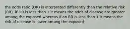 the odds ratio (OR) is interpreted differently than the relative risk (RR). if OR is less than 1 it means the odds of disease are greater among the exposed whereas if an RR is less than 1 it means the risk of disease is lower among the exposed