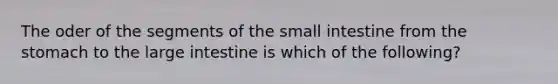 The oder of the segments of the small intestine from the stomach to the large intestine is which of the following?