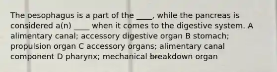 The oesophagus is a part of the ____, while the pancreas is considered a(n) ____ when it comes to the digestive system. A alimentary canal; accessory digestive organ B stomach; propulsion organ C accessory organs; alimentary canal component D pharynx; mechanical breakdown organ