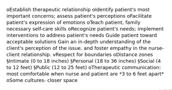 oEstablish therapeutic relationship oIdentify patient's most important concerns; assess patient's perceptions oFacilitate patient's expression of emotions oTeach patient, family necessary self-care skills oRecognize patient's needs; implement interventions to address patient's needs Guide patient toward acceptable solutions Gain an in-depth understanding of the client's perception of the issue, and foster empathy in the nurse-client relationship. vRespect for boundaries oDistance zones §Intimate (0 to 18 inches) §Personal (18 to 36 inches) §Social (4 to 12 feet) §Public (12 to 25 feet) oTherapeutic communication: most comfortable when nurse and patient are *3 to 6 feet apart* oSome cultures- closer space