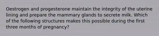 Oestrogen and progesterone maintain the integrity of the uterine lining and prepare the mammary glands to secrete milk. Which of the following structures makes this possible during the first three months of pregnancy?