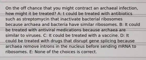 On the off chance that you might contract an archaeal infection, how might it be treated? A: t could be treated with antibiotics such as streptomycin that inactivate bacterial ribosomes because archaea and bacteria have similar ribosomes. B: It could be treated with antiviral medications because archaea are similar to viruses. C: It could be treated with a vaccine. D: It could be treated with drugs that disrupt gene splicing because archaea remove introns in the nucleus before sending mRNA to ribosomes. E: None of the choices is correct.