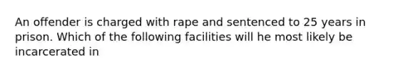 An offender is charged with rape and sentenced to 25 years in prison. Which of the following facilities will he most likely be incarcerated in