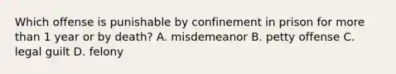 Which offense is punishable by confinement in prison for more than 1 year or by death? A. misdemeanor B. petty offense C. legal guilt D. felony