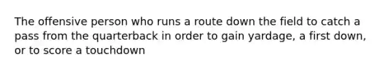 The offensive person who runs a route down the field to catch a pass from the quarterback in order to gain yardage, a first down, or to score a touchdown