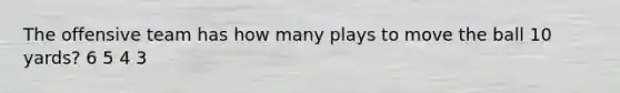 The offensive team has how many plays to move the ball 10 yards? 6 5 4 3