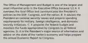 The Office of Management and Budget is one of the largest and most influential units in the Executive Office because 1/1 A. it oversees the Oval Office and communicates the President's policies to the EOP, Congress, and the nation. B. it advises the President on national security issues and projects spending requirements for military, foreign intelligence, and domestic security initiatives. C. it prepares the federal budget and monitors the funds appropriated by Congress to all federal agencies. D. it is the President's major source of information and advice on the state of the nation's economy and helps prepare the annual Economic Report to Congress.