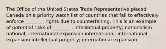 The Office of the United States Trade Representative placed Canada on a priority watch list of countries that fail to effectively enforce ________ rights due to counterfeiting. This is an example of potential risks of ________. intellectual property; nationalism national; international expansion international; international expansion intellectual property; international expansion