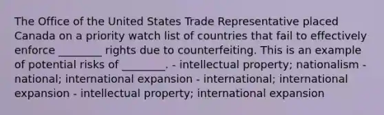 The Office of the United States Trade Representative placed Canada on a priority watch list of countries that fail to effectively enforce ________ rights due to counterfeiting. This is an example of potential risks of ________. - intellectual property; nationalism - national; international expansion - international; international expansion - intellectual property; international expansion