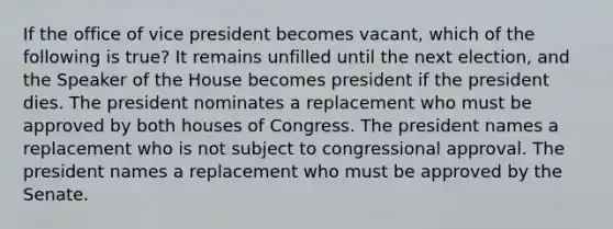 If the office of vice president becomes vacant, which of the following is true? It remains unfilled until the next election, and the Speaker of the House becomes president if the president dies. The president nominates a replacement who must be approved by both houses of Congress. The president names a replacement who is not subject to congressional approval. The president names a replacement who must be approved by the Senate.