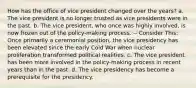 How has the office of vice president changed over the years? a. The vice president is no longer trusted as vice presidents were in the past. b. The vice president, who once was highly involved, is now frozen out of the policy-making process. -- Consider This: Once primarily a ceremonial position, the vice presidency has been elevated since the early Cold War when nuclear proliferation transformed political realities. c. The vice president has been more involved in the policy-making process in recent years than in the past. d. The vice presidency has become a prerequisite for the presidency.