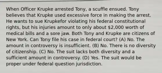 When Officer Krupke arrested Tony, a scuffle ensued. Tony believes that Krupke used excessive force in making the arrest. He wants to sue Krupkefor violating his federal constitutional rights, but his injuries amount to only about 2,000 worth of medical bills and a sore jaw. Both Tony and Krupke are citizens of New York. Can Tony file his case in federal court? (A) No. The amount in controversy is insufficient. (B) No. There is no diversity of citizenship. (C) No. The suit lacks both diversity and a sufficient amount in controversy. (D) Yes. The suit would be proper under federal question jurisdiction.