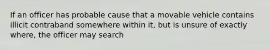 If an officer has probable cause that a movable vehicle contains illicit contraband somewhere within it, but is unsure of exactly where, the officer may search