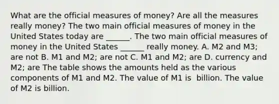 What are the official measures of​ money? Are all the measures really​ money? The two main official measures of money in the United States today are​ ______. The two main official measures of money in the United States​ ______ really money. A. M2 and​ M3; are not B. M1 and​ M2; are not C. M1 and​ M2; are D. currency and​ M2; are The table shows the amounts held as the various components of M1 and M2. The value of M1 is ​ billion. The value of M2 is billion.