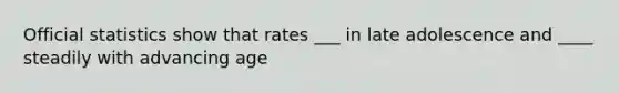 Official statistics show that rates ___ in late adolescence and ____ steadily with advancing age