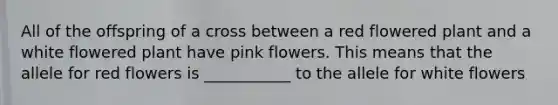 All of the offspring of a cross between a red flowered plant and a white flowered plant have pink flowers. This means that the allele for red flowers is ___________ to the allele for white flowers