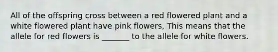 All of the offspring cross between a red flowered plant and a white flowered plant have pink flowers, This means that the allele for red flowers is _______ to the allele for white flowers.