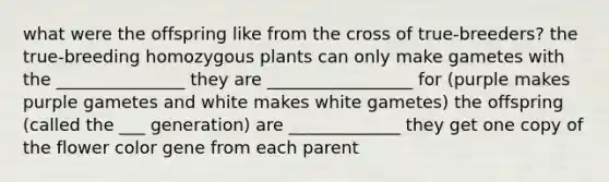 what were the offspring like from the cross of true-breeders? the true-breeding homozygous plants can only make gametes with the _______________ they are _________________ for (purple makes purple gametes and white makes white gametes) the offspring (called the ___ generation) are _____________ they get one copy of the flower color gene from each parent