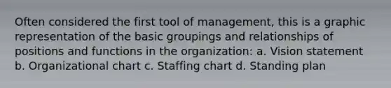 Often considered the first tool of management, this is a graphic representation of the basic groupings and relationships of positions and functions in the organization: a. Vision statement b. Organizational chart c. Staffing chart d. Standing plan