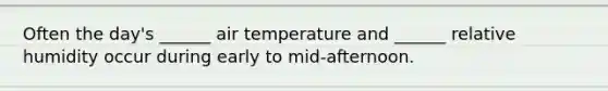 Often the day's ______ air temperature and ______ relative humidity occur during early to mid-afternoon.