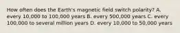 How often does the Earth's magnetic field switch polarity? A. every 10,000 to 100,000 years B. every 500,000 years C. every 100,000 to several million years D. every 10,000 to 50,000 years