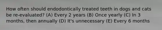 How often should endodontically treated teeth in dogs and cats be re-evaluated? (A) Every 2 years (B) Once yearly (C) In 3 months, then annually (D) It's unnecessary (E) Every 6 months