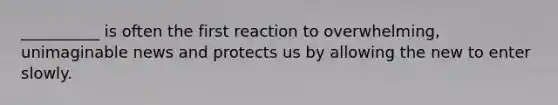 __________ is often the first reaction to overwhelming, unimaginable news and protects us by allowing the new to enter slowly.