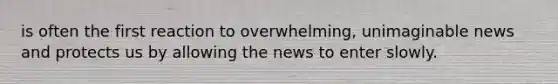 is often the first reaction to overwhelming, unimaginable news and protects us by allowing the news to enter slowly.