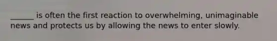 ______ is often the first reaction to overwhelming, unimaginable news and protects us by allowing the news to enter slowly.
