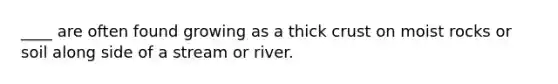 ____ are often found growing as a thick crust on moist rocks or soil along side of a stream or river.