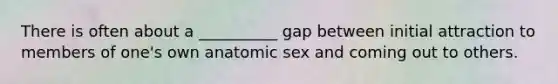 There is often about a __________ gap between initial attraction to members of one's own anatomic sex and coming out to others.