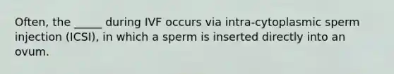 Often, the _____ during IVF occurs via intra-cytoplasmic sperm injection (ICSI), in which a sperm is inserted directly into an ovum.