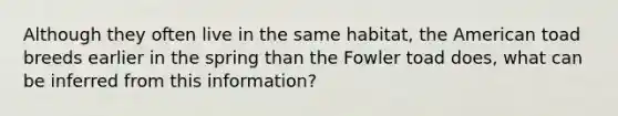 Although they often live in the same habitat, the American toad breeds earlier in the spring than the Fowler toad does, what can be inferred from this information?