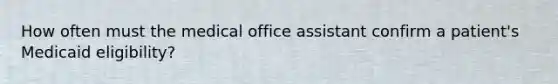 How often must the medical office assistant confirm a patient's Medicaid eligibility?