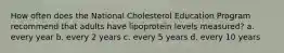 How often does the National Cholesterol Education Program recommend that adults have lipoprotein levels measured? a. every year b. every 2 years c. every 5 years d. every 10 years